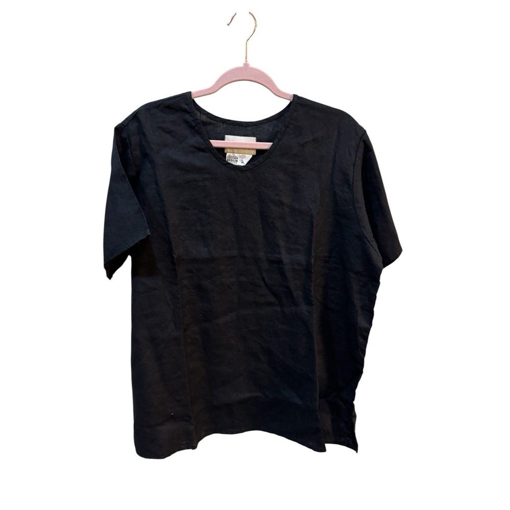 FLAX Top Women Black Short Sleeve Blouse Linen Tunic Minimalist Size Medium
